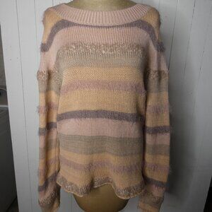 Rodier Women M Striped Mohair Blend Pullover Sweater Blush Grey Striped Boatneck